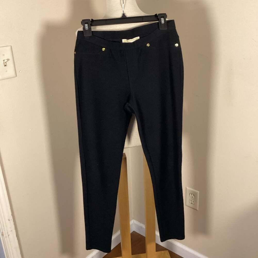 MICHAEL Michael Kors Black Stretch Knit Twill Pull-On Legging Pants with Gold Ri